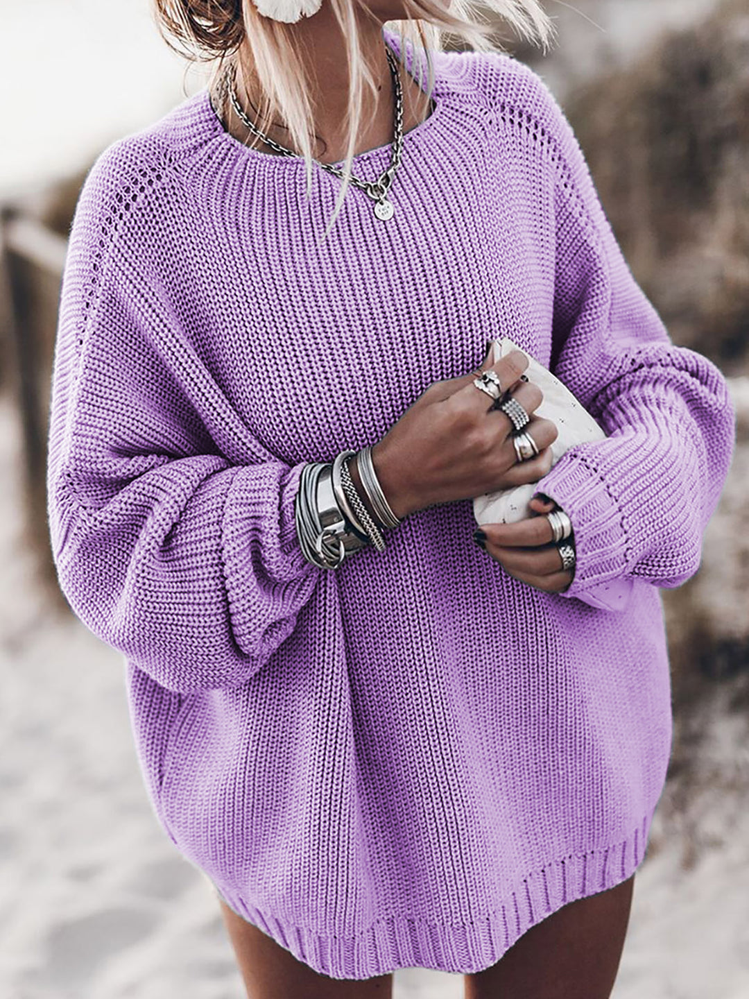 Dame Oversized Strikpullover med luftige masker og sideslidser Stilla