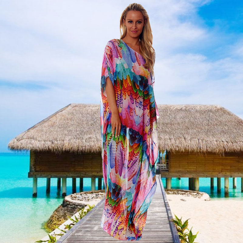 Dame Strandkaftan med vid snit og farverigt fjerdesign Stilla