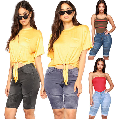 Dame trendy jeans-shorts med struktureret design og høj talje Stilla