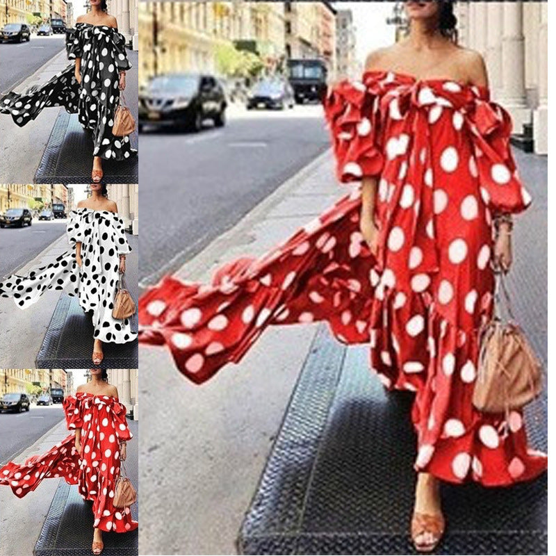 Dame Off-Shoulder Maxikjole med Puffærmer og unikt punkter-design Stilla