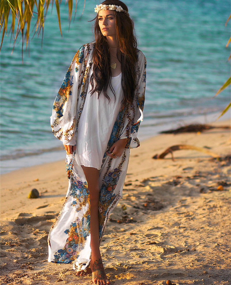 Dame Strandkimono med blomsterdesign og vide ærmer Stilla
