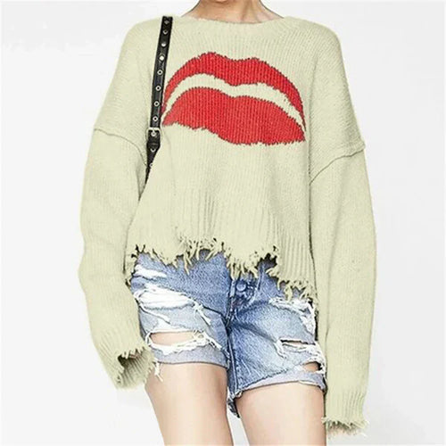 Stilla | Sweatshirt Overstørrelse Pasform Chunky Strik Læbeprint Frynse Kant