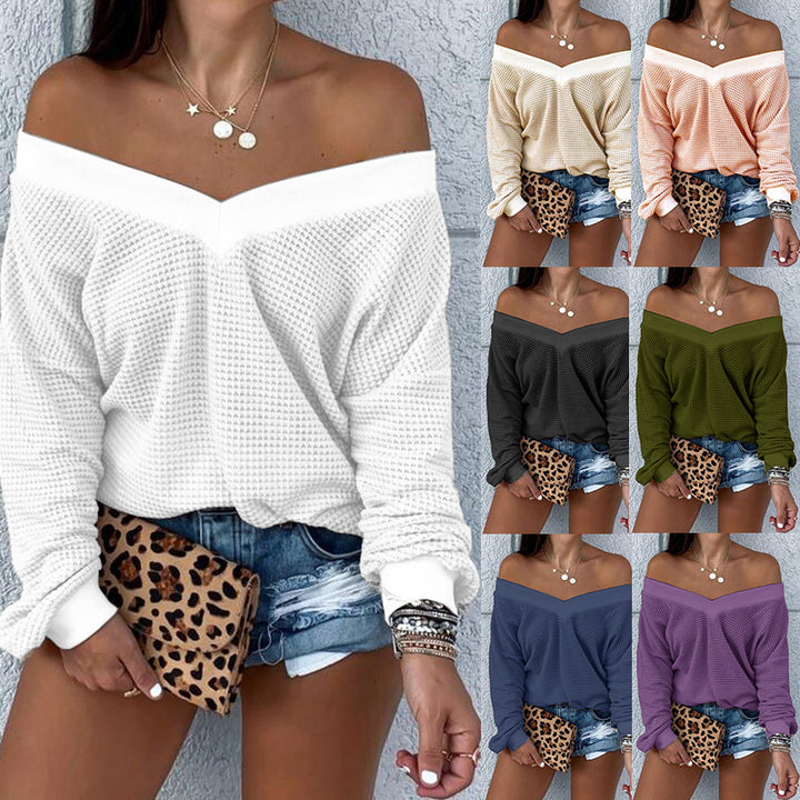 Dame afslappet sweater i off-shoulder stil med luftig vaffelmønster Stilla