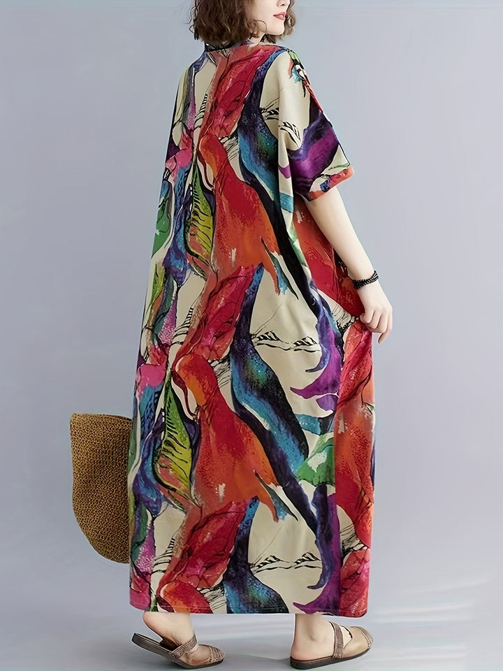 Stilla | Letende Boho Kaftan Kjole Plus Size, V-Hals, Lommer Og Perfekt Til Sommer Og Ferie