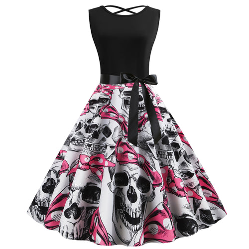 Kvinders Rockabilly Kjole med Dødningehoved Motiv og Voluminøs Skirt Stilla