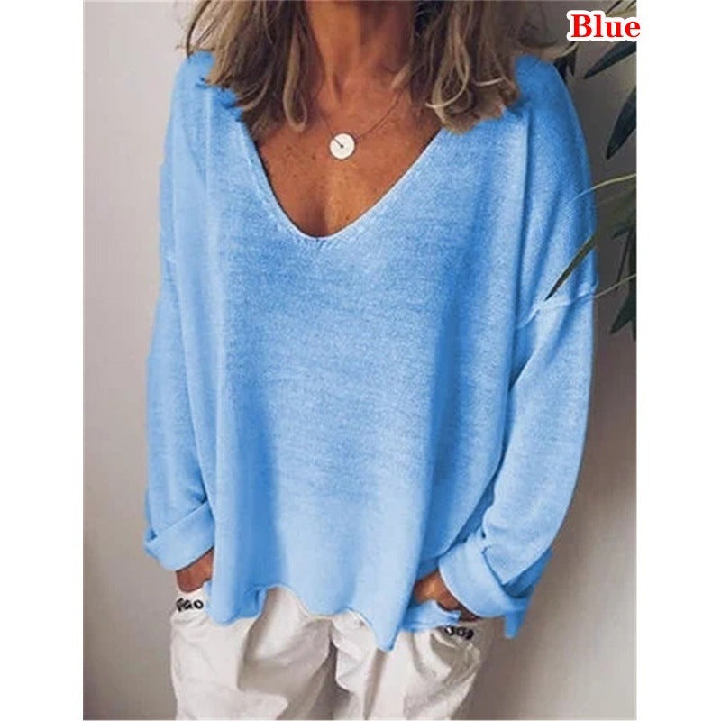 Dame afslappet langærmet T-shirt med dyb V-udskæring og oversized snit Stilla