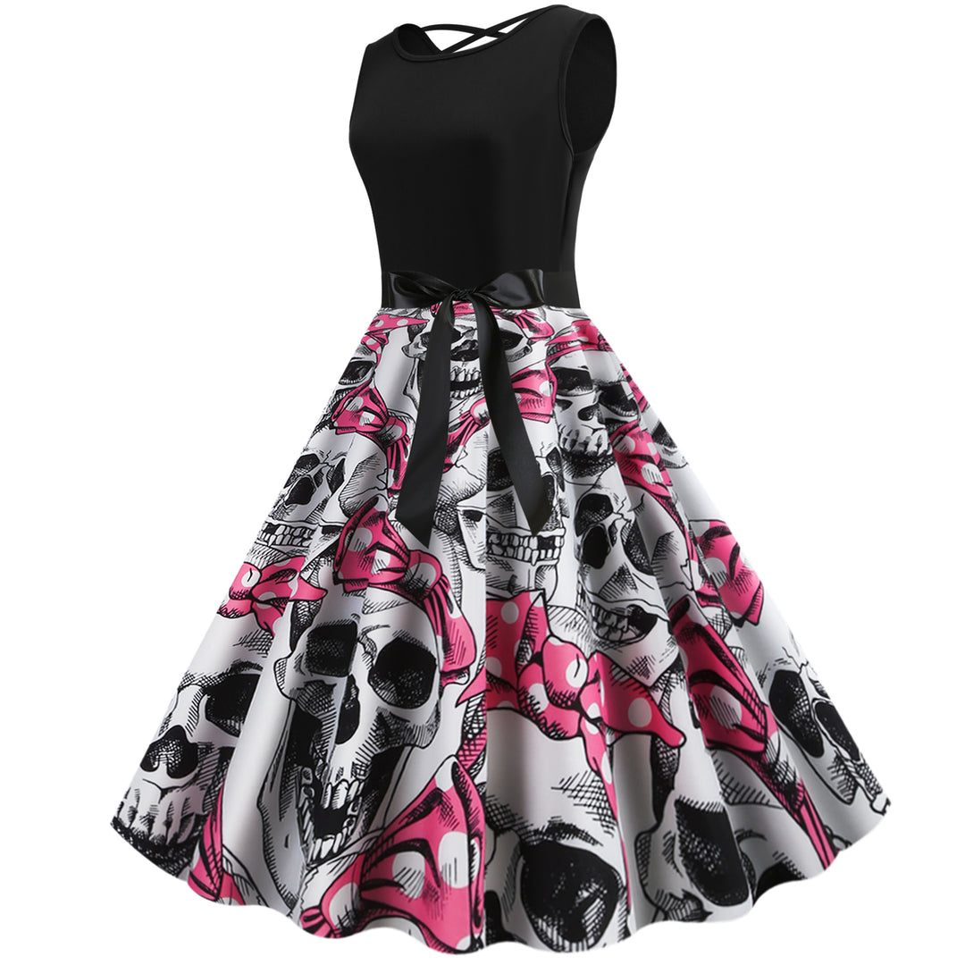 Kvinders Rockabilly Kjole med Dødningehoved Motiv og Voluminøs Skirt Stilla