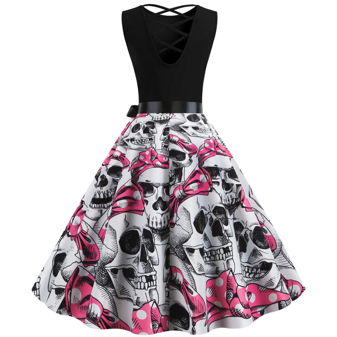 Kvinders Rockabilly Kjole med Dødningehoved Motiv og Voluminøs Skirt Stilla