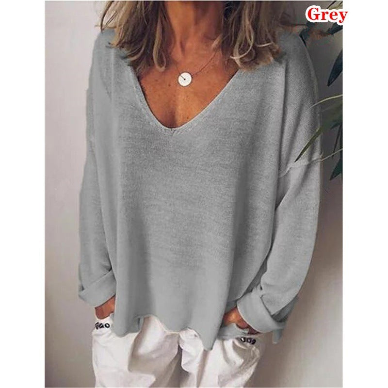 Dame afslappet langærmet T-shirt med dyb V-udskæring og oversized snit Stilla