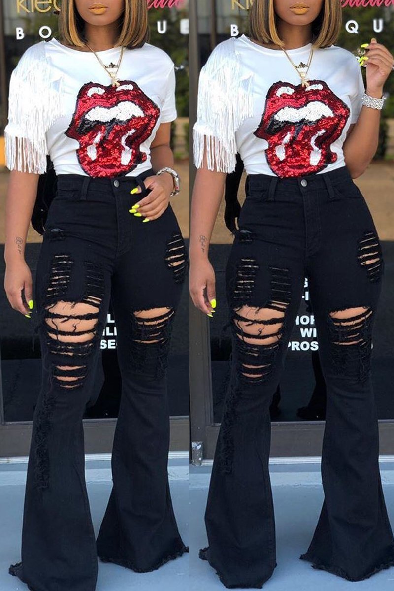 Dame Flared Jeans med Destroyed-detaljer og Høj Talje Stilla