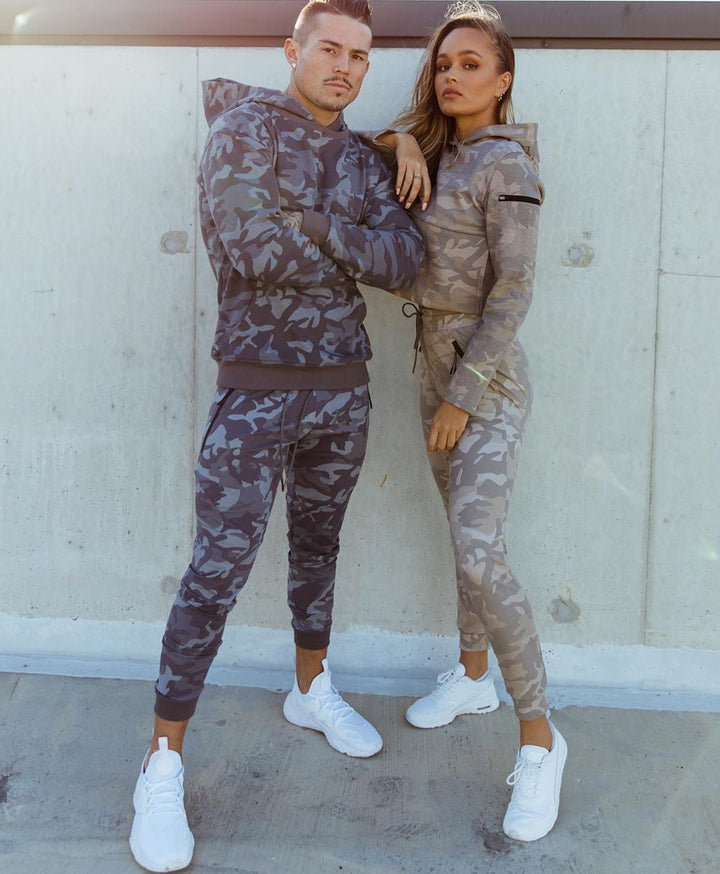 Herrer Camouflage Sweatpants sæt med hætte og elastisk talje Stilla
