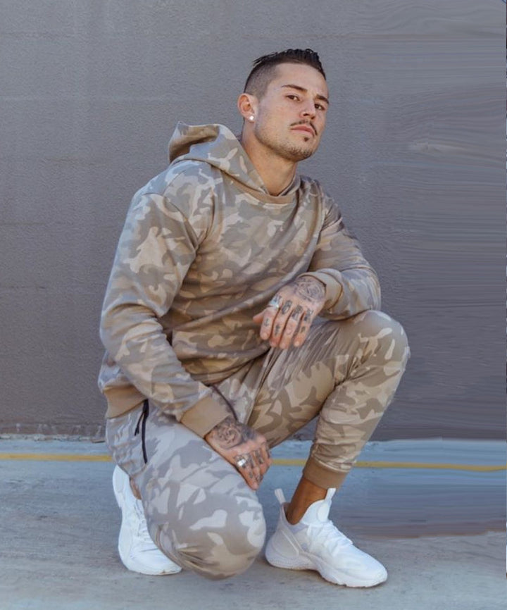 Herrer Camouflage Sweatpants sæt med hætte og elastisk talje Stilla