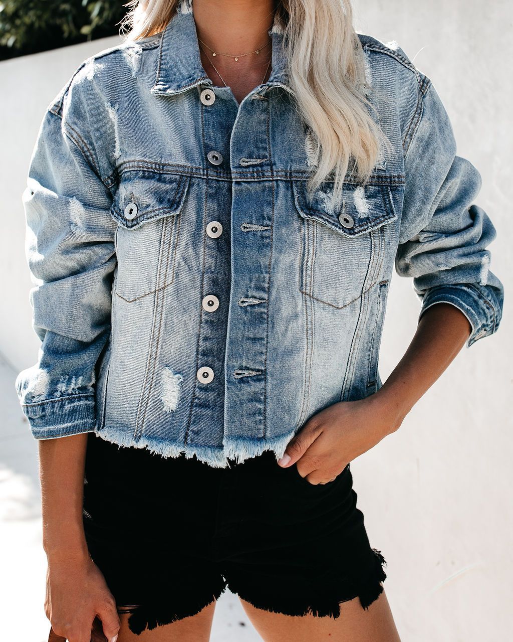 Dame Trendy Jeansjakke i Vintage-look med frynser og distressed detaljer Stilla