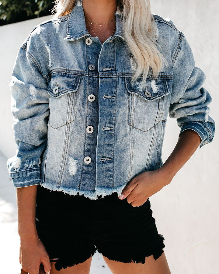 Dame Trendy Jeansjakke i Vintage-look med frynser og distressed detaljer Stilla