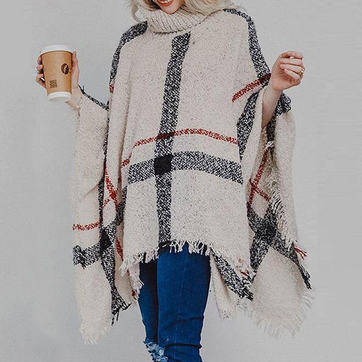 Kvindernes strikkede poncho med asymmetrisk snit og fashionable krave Stilla
