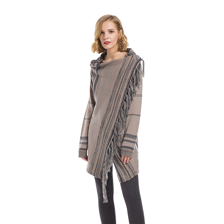 Damer fashionable poncho med frynser og geometrisk mønster Stilla