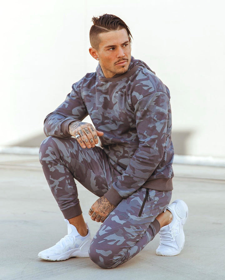 Herrer Camouflage Sweatpants sæt med hætte og elastisk talje Stilla