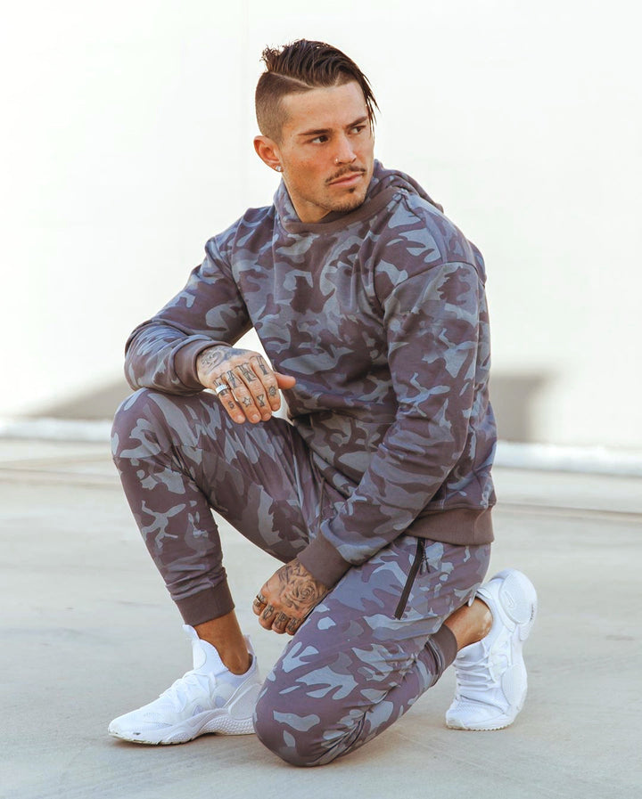 Herrer Camouflage Sweatpants sæt med hætte og elastisk talje Stilla