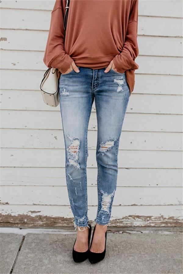 Dame Højtskårne Skinny Jeans med moderne Destroyed-detaljer Stilla