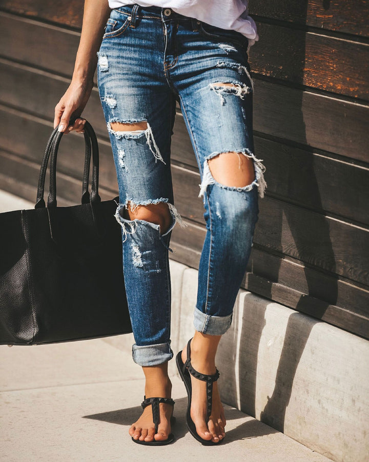 Dame Højtskårne Skinny Jeans med moderne Destroyed-detaljer Stilla