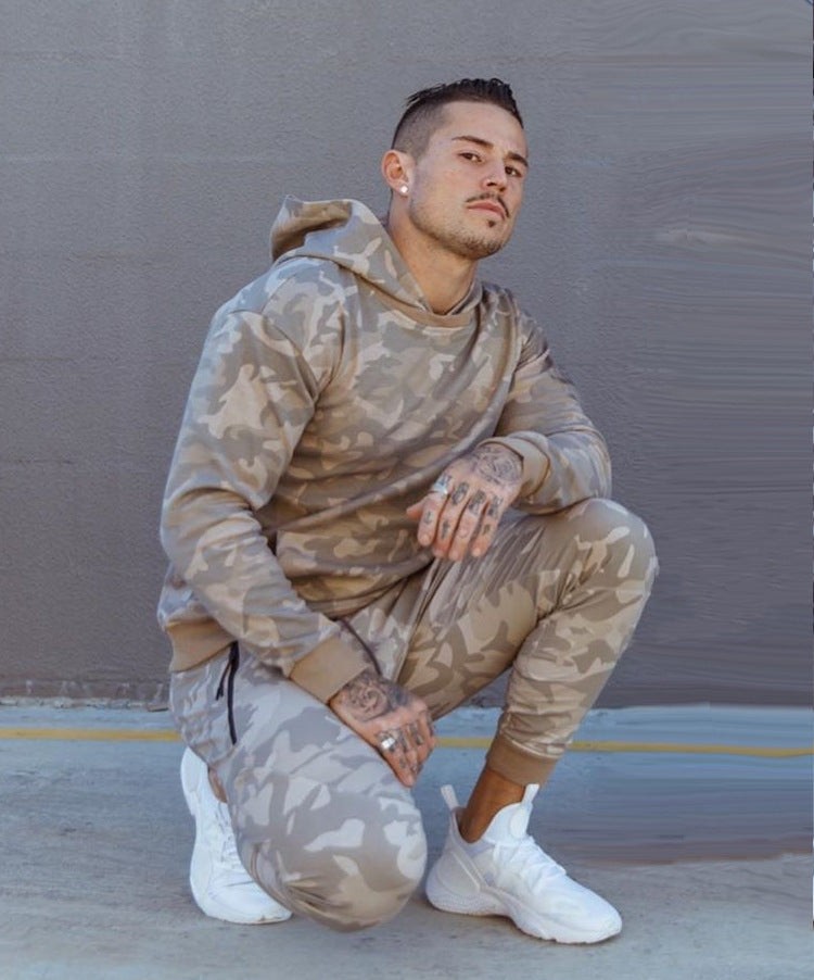 Herrer Camouflage Sweatpants sæt med hætte og elastisk talje Stilla