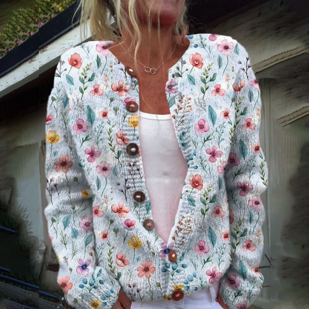 Stilla | Elegant Strikjakke Med Lange Ærmer og Uden Krave i Blomsterdesign