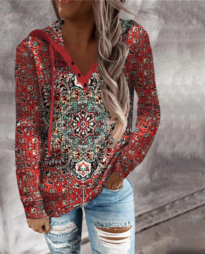 Stilla | Sweat-henley Mit Rotem Mandala-druck und Langen Ärmeln