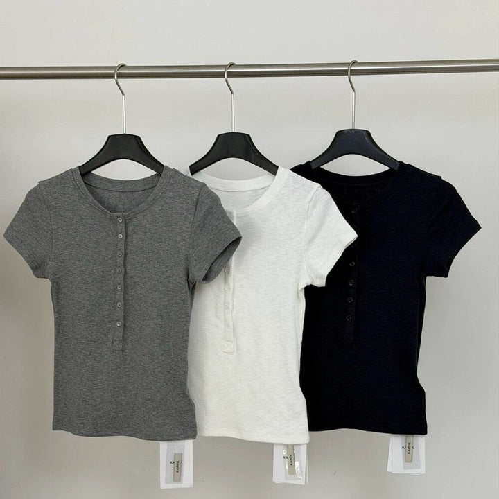 Damer Kortærmet T-shirt med knappeliste Slim Fit