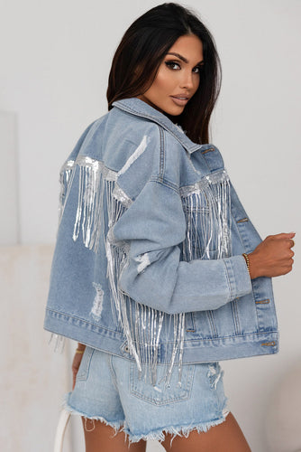 Stilla | Frynse trim distressed knap-up denimjakke