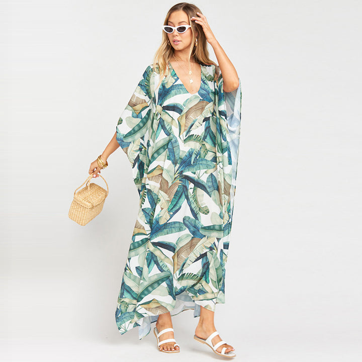 Dame Kaftan med eksotisk plante mønster og let chiffon stof Stilla