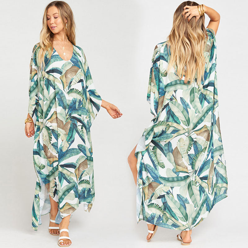 Dame Kaftan med eksotisk plante mønster og let chiffon stof Stilla