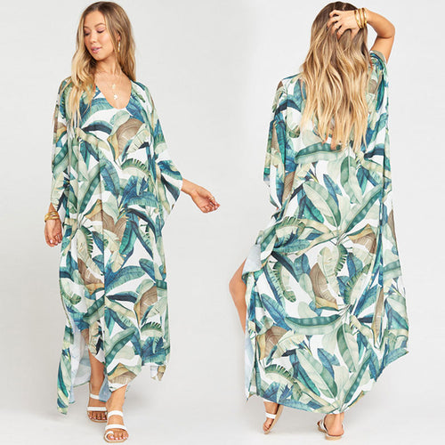 Dame Kaftan med eksotisk plante mønster og let chiffon stof Stilla