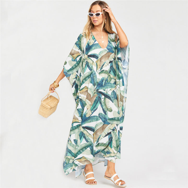 Dame Strandkaftan med blomsterbladmønster og elegant snit Stilla