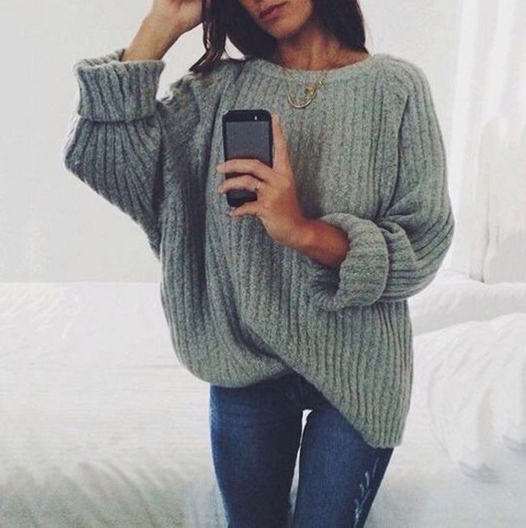Dame Oversized Strikket Sweater med Ribbet Design og Bred Ærmer Stilla
