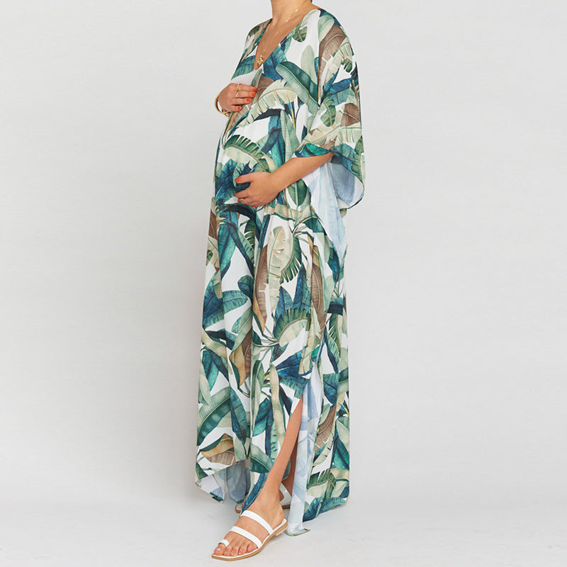 Dame Kaftan med eksotisk plante mønster og let chiffon stof Stilla