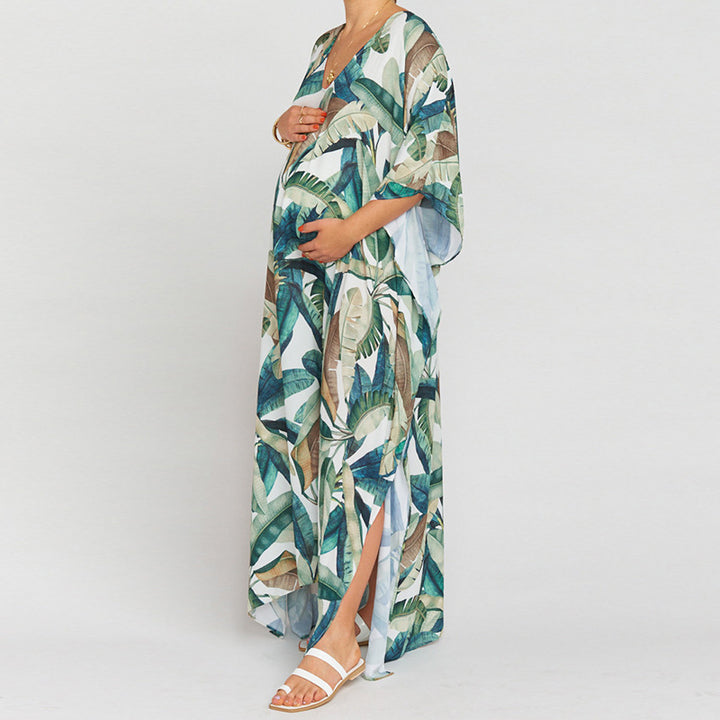 Dame Kaftan med eksotisk plante mønster og let chiffon stof Stilla