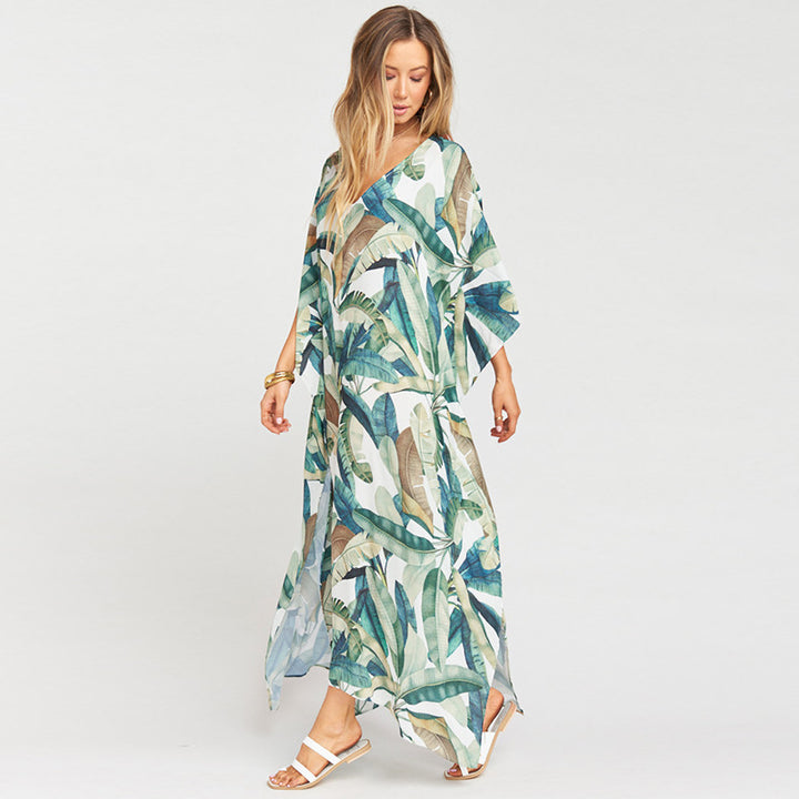 Dame Kaftan med eksotisk plante mønster og let chiffon stof Stilla