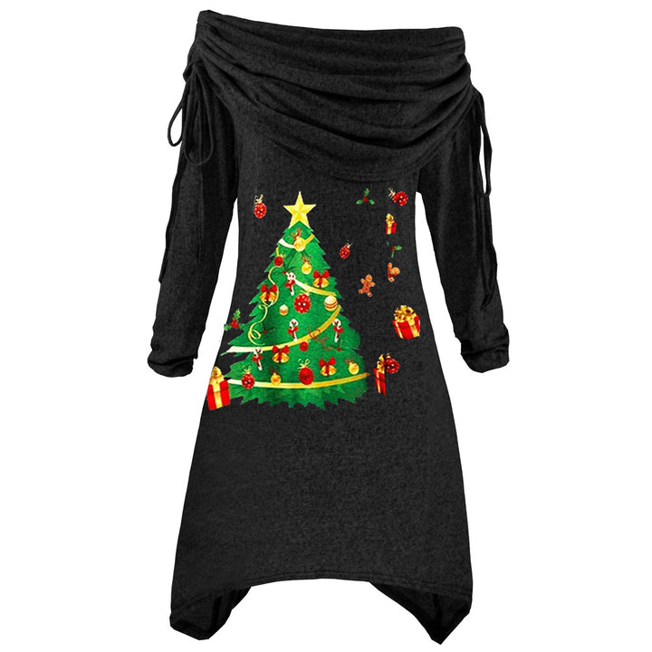 Kvinders afslappede juleshirt med off-the-shoulder design og festligt print Skovae