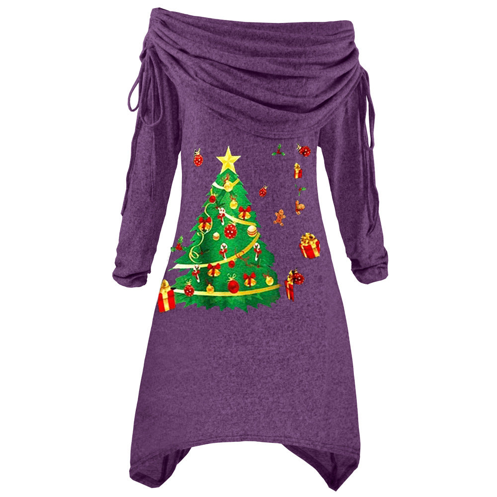 Kvinders afslappede juleshirt med off-the-shoulder design og festligt print Skovae