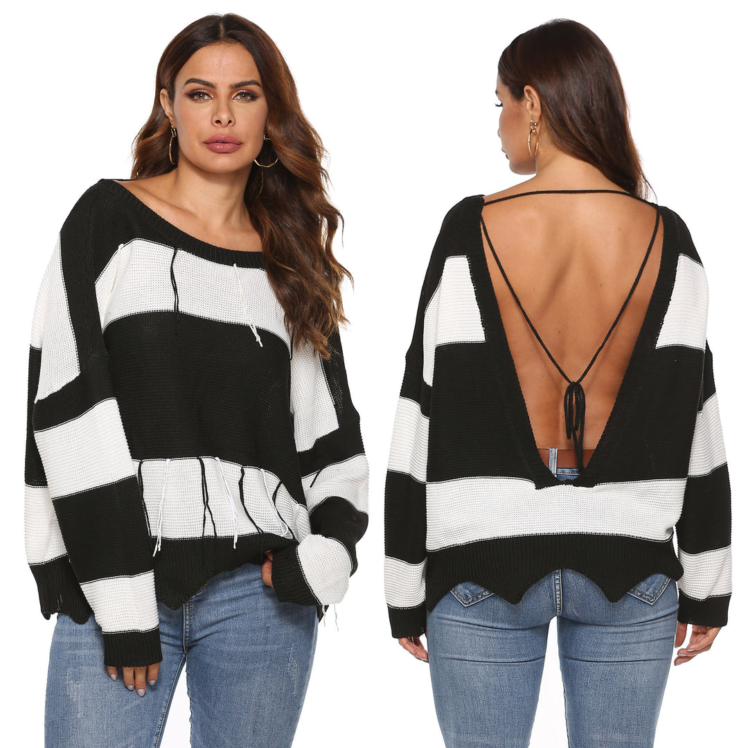 Dame afslappet oversized sweater med dyb V-hals og åben ryg Stilla