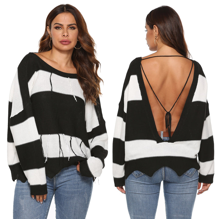 Dame afslappet oversized sweater med dyb V-hals og åben ryg Stilla