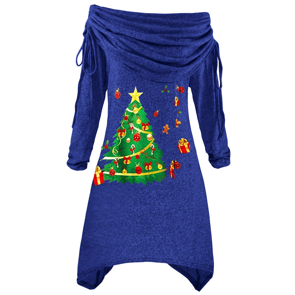 Kvinders afslappede juleshirt med off-the-shoulder design og festligt print Skovae