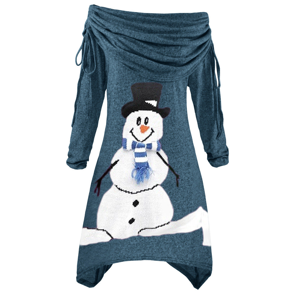 Kvindernes afslappede juleskjorte med off-the-shoulder design og snemandsmotiv Skovae