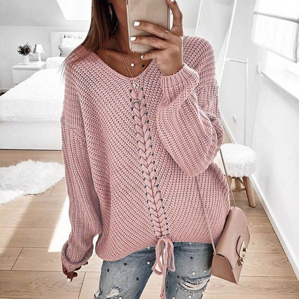 Damer strikpullover med detaljeret snøring Stilla