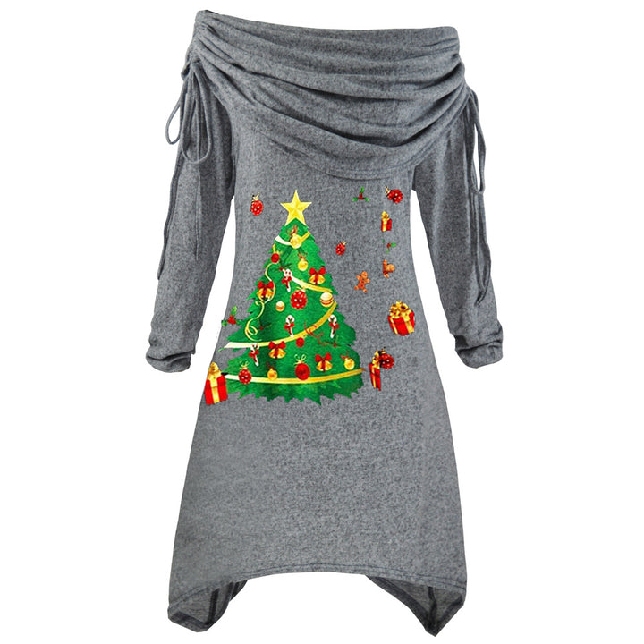 Kvinders afslappede juleshirt med off-the-shoulder design og festligt print Skovae