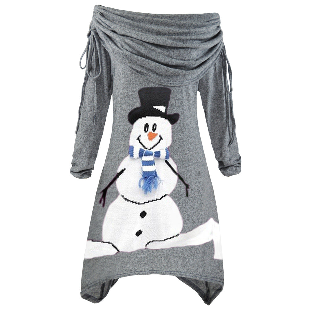 Kvindernes afslappede juleskjorte med off-the-shoulder design og snemandsmotiv Skovae