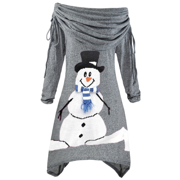 Kvindernes afslappede juleskjorte med off-the-shoulder design og snemandsmotiv Skovae