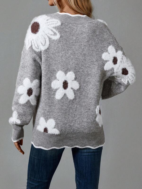 Stilla | Pullover V-udskæring Grå Med Blomstertryk