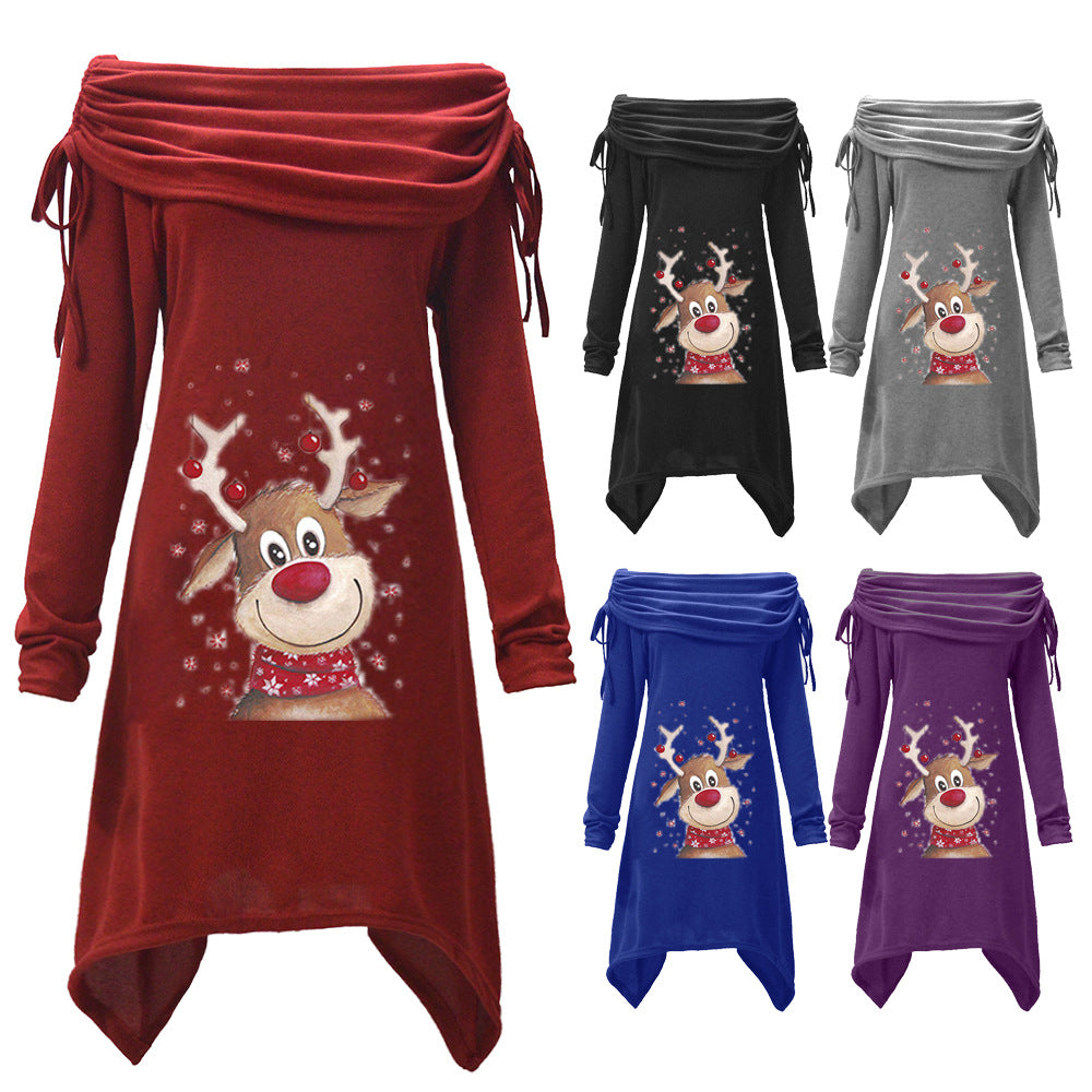 Kvinders afslappede kjole med off-the-shoulder design og legende rensdyrmotiv