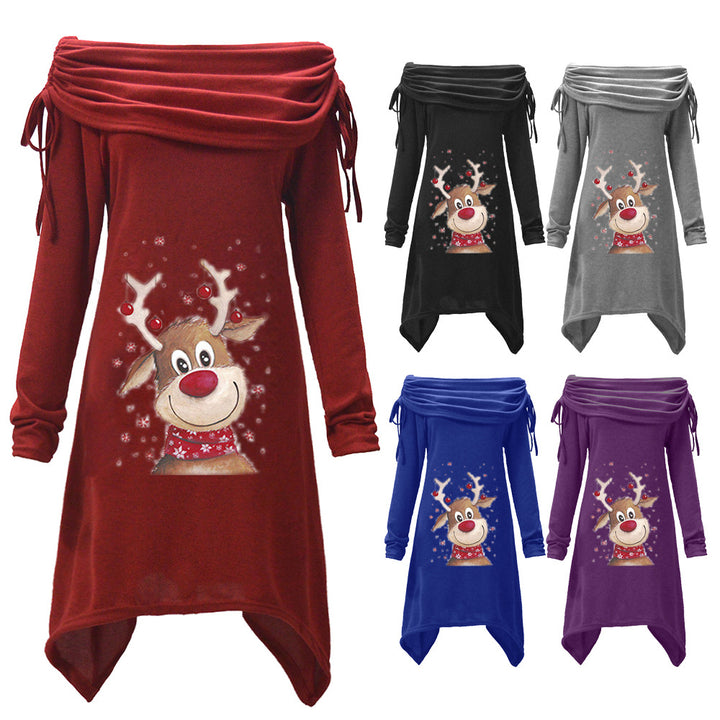 Kvinders afslappede kjole med off-the-shoulder design og legende rensdyrmotiv